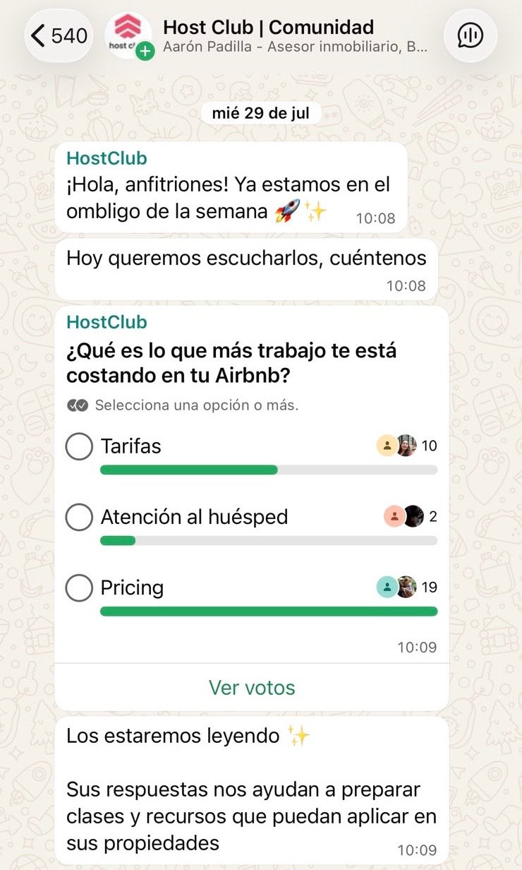 Encuesta activa en la comunidad de Host Club sobre pricing y tarifas
