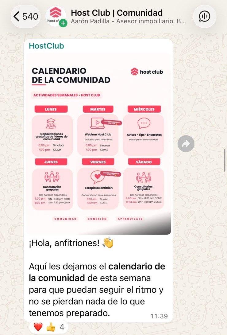 Calendario semanal de actividades de la comunidad Host Club